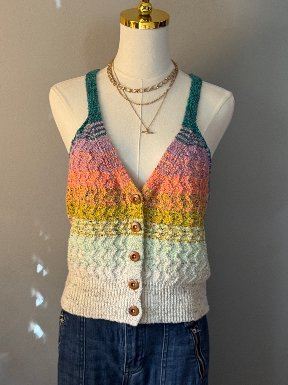 Pilcro Multi-Pastel Striped V-Neck Button Vest